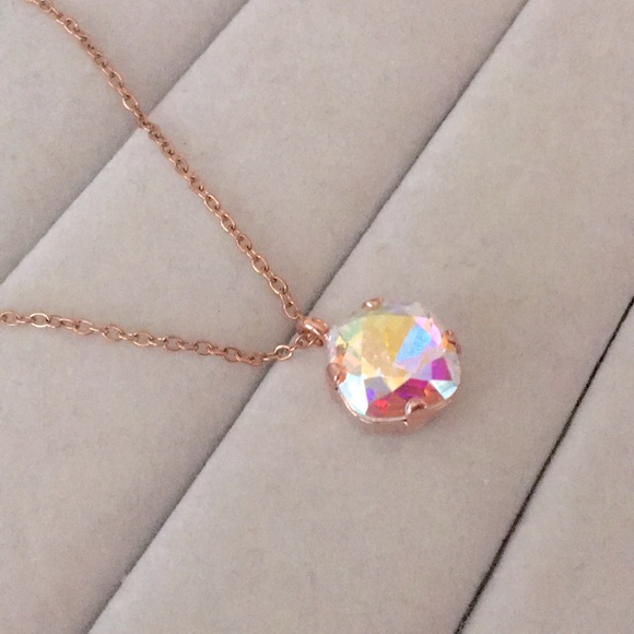 Aurora Borealis + Rose Gold Cushion Cut Crystal Drop Pendant Necklace - Picture 6 of 10